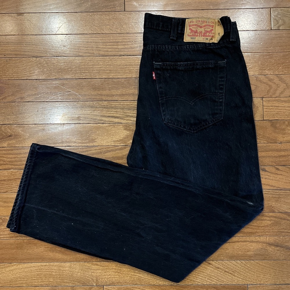 Levi's 501 Jeans Mens 38x30 Black Button Fly Straight Leg Distressed Faded